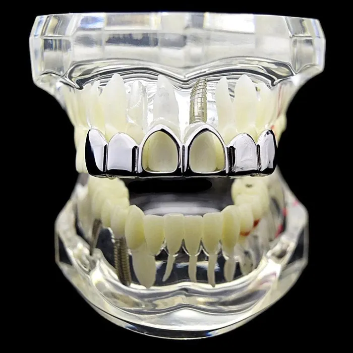 Silver Tone Two Open Face Hollow Top Teeth Grillz Bling Cartel Admin Rings