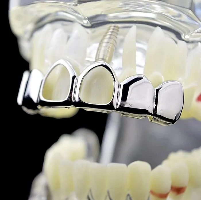 Silver Tone Two Open Face Hollow Top Teeth Grillz Bling Cartel Admin Rings