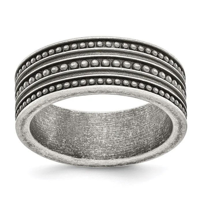 Stainless Steel Antiqued Gun Metal IPplated Beaded Band Chisel Rings