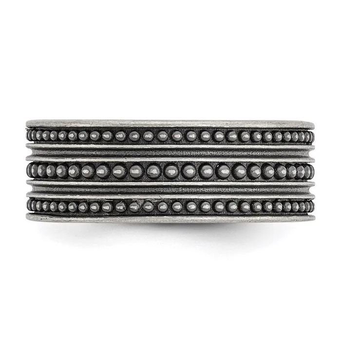 Stainless Steel Antiqued Gun Metal IPplated Beaded Band Chisel Rings Stainless Steel Antiqued Gun Metal IPplated Beaded Band Chisel Rings