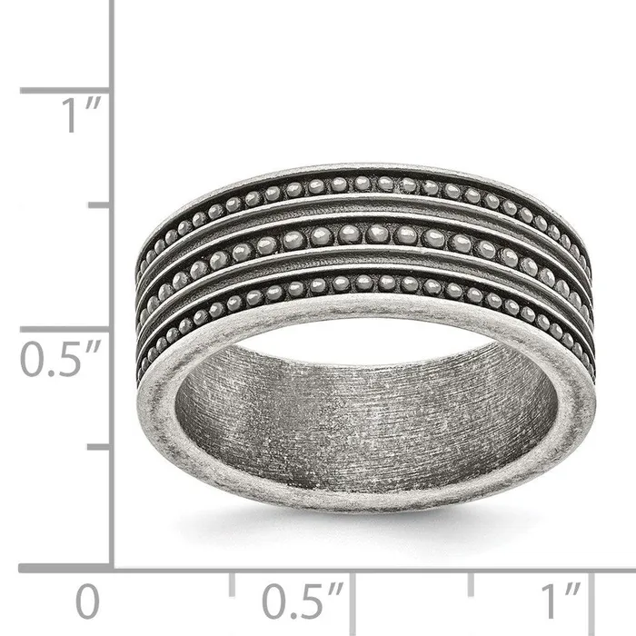 Stainless Steel Antiqued Gun Metal IPplated Beaded Band Chisel Rings Stainless Steel Antiqued Gun Metal IPplated Beaded Band Chisel Rings
