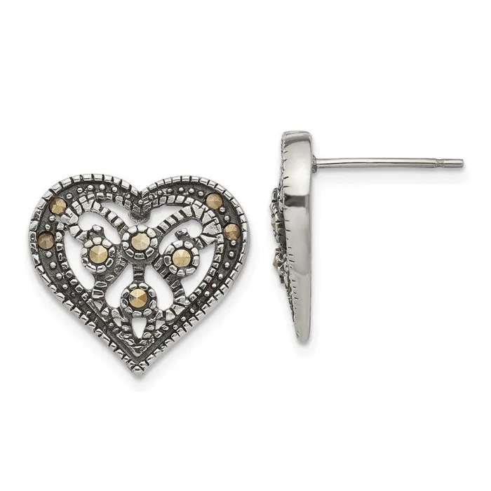 Stainless Steel Marcasite Textured Heart Post Earrings Chisel Earrings