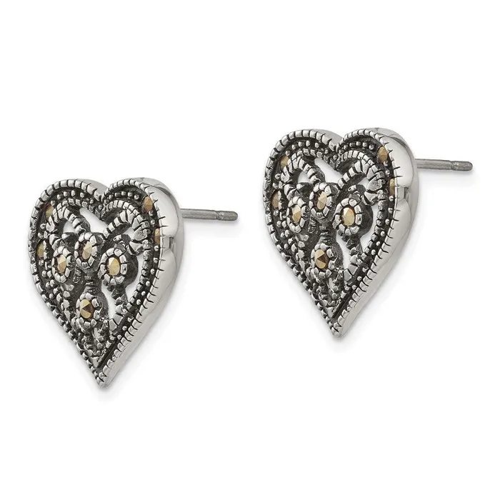 Stainless Steel Marcasite Textured Heart Post Earrings Chisel Earrings Stainless Steel Marcasite Textured Heart Post Earrings Chisel Earrings