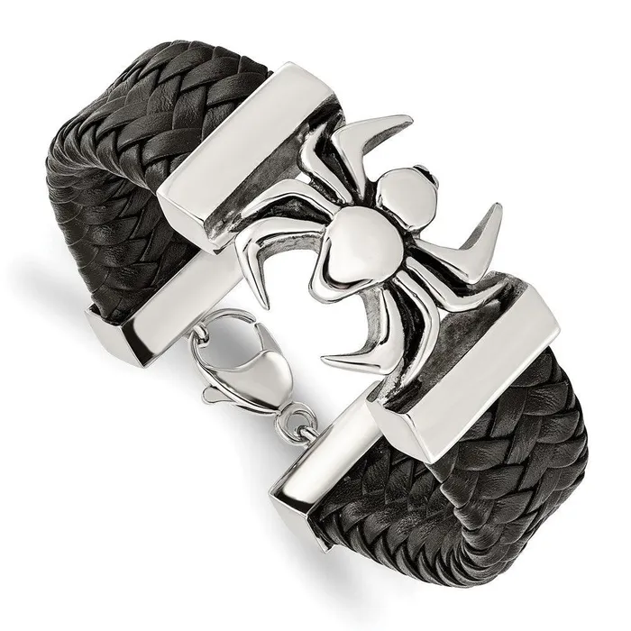 Stainless Steel Polished Antiqued Blk Leather Spider Bracelet Chisel Bracelets Stainless Steel Polished Antiqued Blk Leather Spider Bracelet Chisel Bracelets