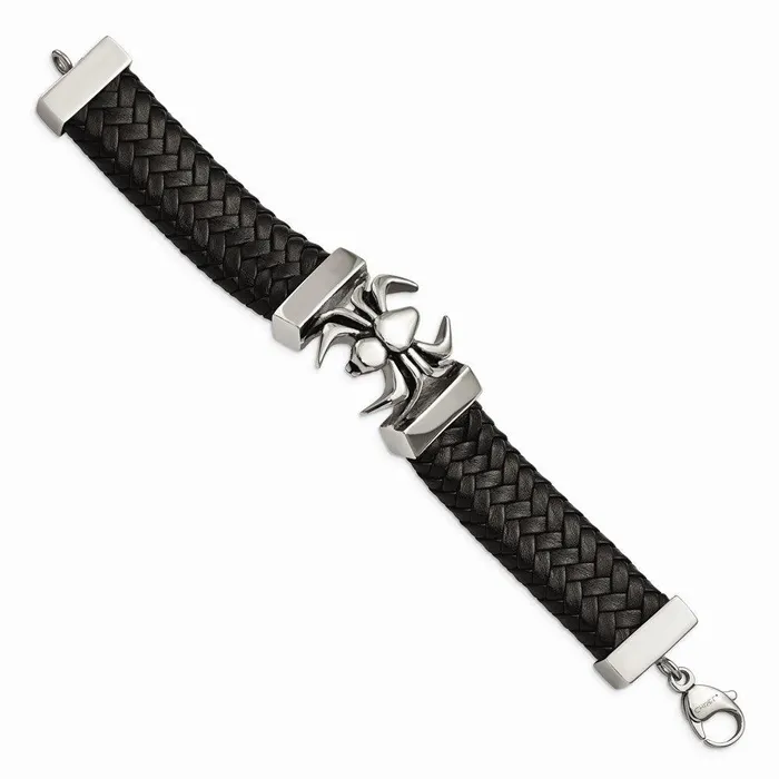 Stainless Steel Polished Antiqued Blk Leather Spider Bracelet Chisel Bracelets Stainless Steel Polished Antiqued Blk Leather Spider Bracelet Chisel Bracelets