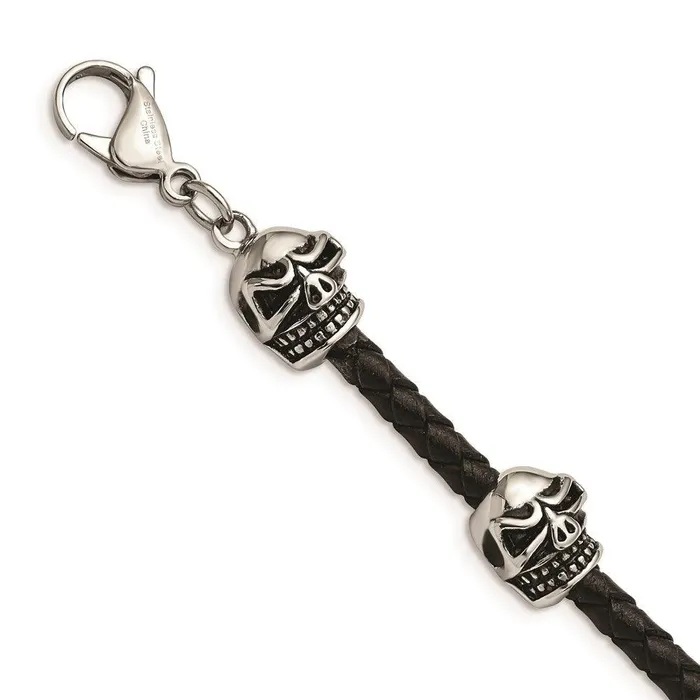 Stainless Steel Polished Antiqued Leather Skull Bracelet Chisel Bracelets
