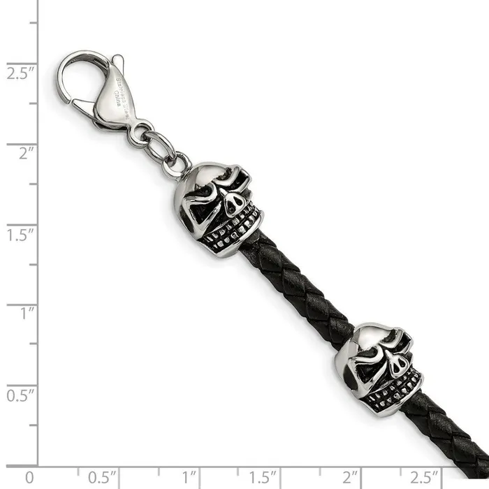 Stainless Steel Polished Antiqued Leather Skull Bracelet Chisel Bracelets Stainless Steel Polished Antiqued Leather Skull Bracelet Chisel Bracelets