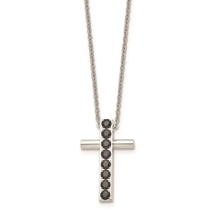 Stainless Steel Polished Black CZs Cross Necklace Chisel Necklaces