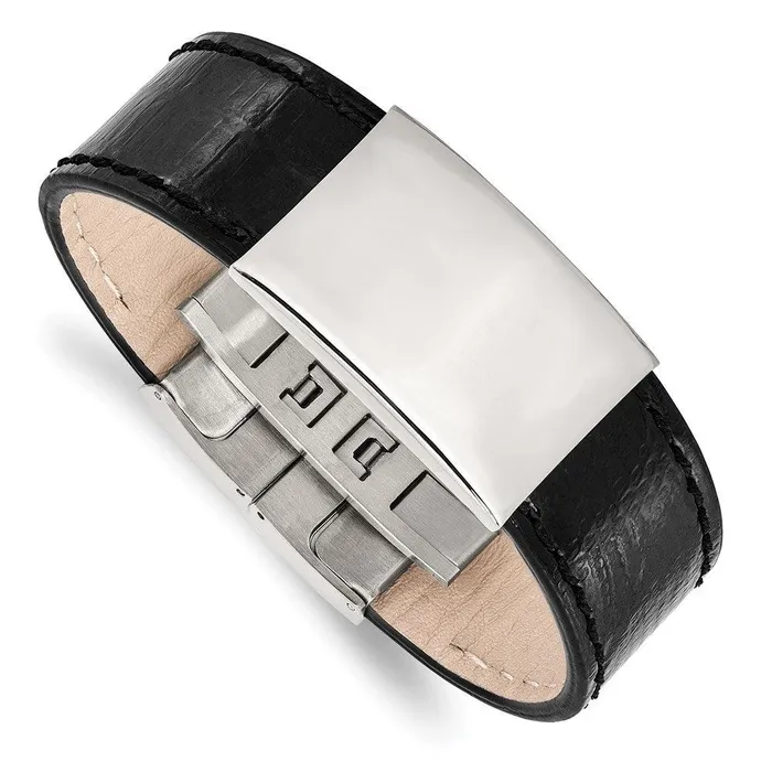 Stainless Steel Polished Black Leather ID Bracelet Chisel Bracelets