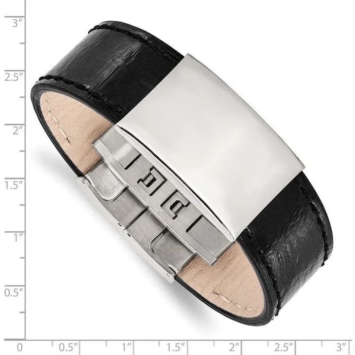 Stainless Steel Polished Black Leather ID Bracelet Chisel Bracelets Stainless Steel Polished Black Leather ID Bracelet Chisel Bracelets