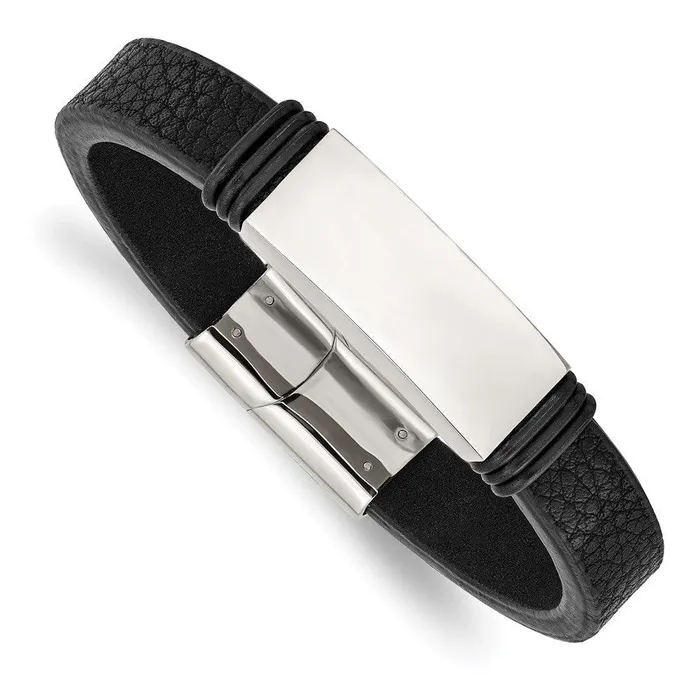 Stainless Steel Polished Black Rubber and Leather 85in ID Bracelet Chisel Bracelets Stainless Steel Polished Black Rubber and Leather 85in ID Bracelet Chisel Bracelets