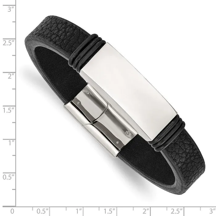 Stainless Steel Polished Black Rubber and Leather 85in ID Bracelet Chisel Bracelets Stainless Steel Polished Black Rubber and Leather 85in ID Bracelet Chisel Bracelets