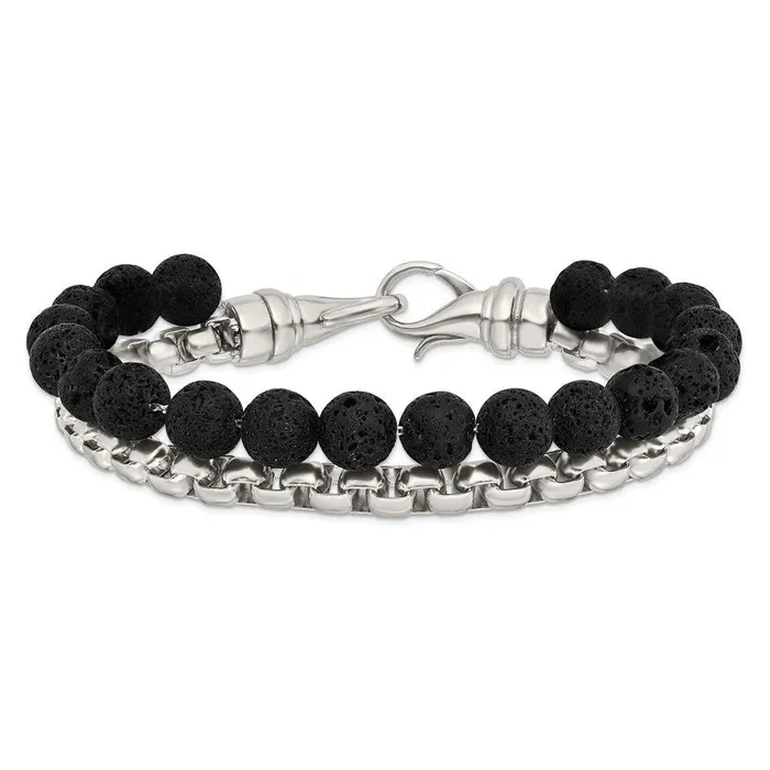 Stainless Steel Polished Box Chain Lava Stone 2 Stand 85in Bracelet Chisel Bracelets Stainless Steel Polished Box Chain Lava Stone 2 Stand 85in Bracelet Chisel Bracelets
