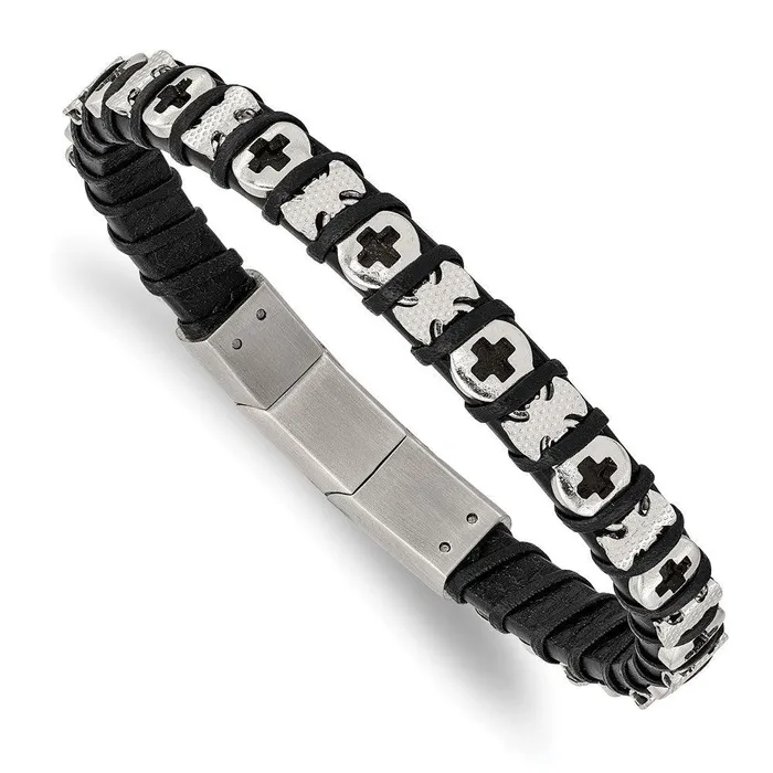 Stainless Steel Polished Cross Black Leather w5in ext 8in Bracelet Chisel Bracelets Stainless Steel Polished Cross Black Leather w5in ext 8in Bracelet Chisel Bracelets