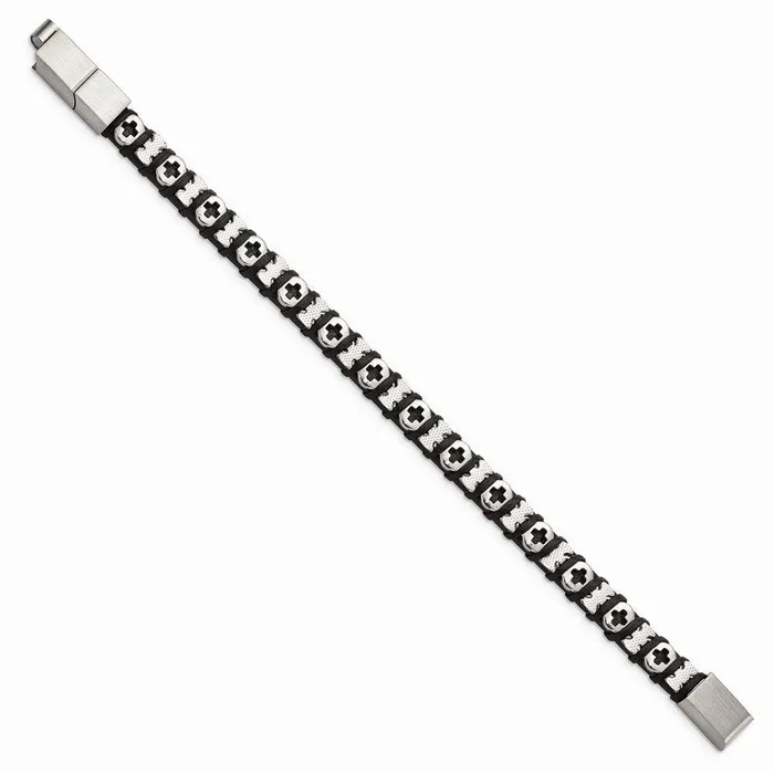 Stainless Steel Polished Cross Black Leather w5in ext 8in Bracelet Chisel Bracelets Stainless Steel Polished Cross Black Leather w5in ext 8in Bracelet Chisel Bracelets