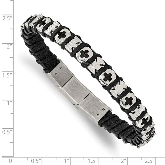 Stainless Steel Polished Cross Black Leather w5in ext 8in Bracelet Chisel Bracelets Stainless Steel Polished Cross Black Leather w5in ext 8in Bracelet Chisel Bracelets