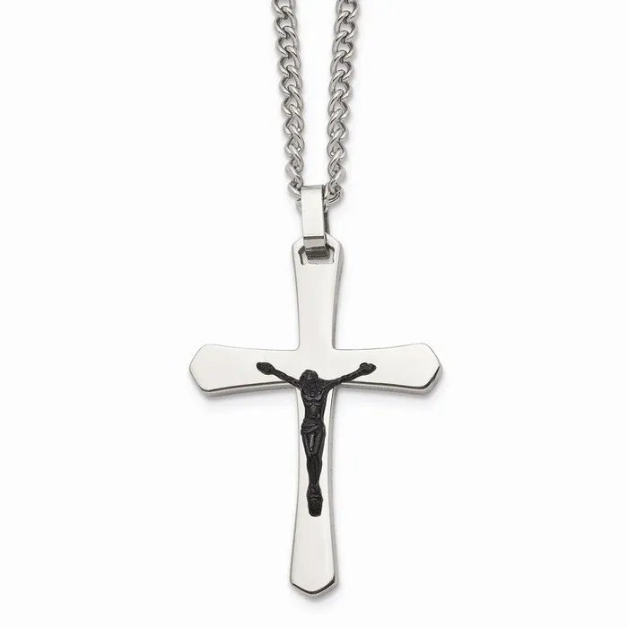 Stainless Steel Polished Cross wBlack IP Jesus Necklace Chisel Necklaces