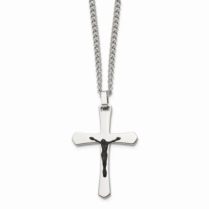Stainless Steel Polished Cross wBlack IP Jesus Necklace Chisel Necklaces Stainless Steel Polished Cross wBlack IP Jesus Necklace Chisel Necklaces
