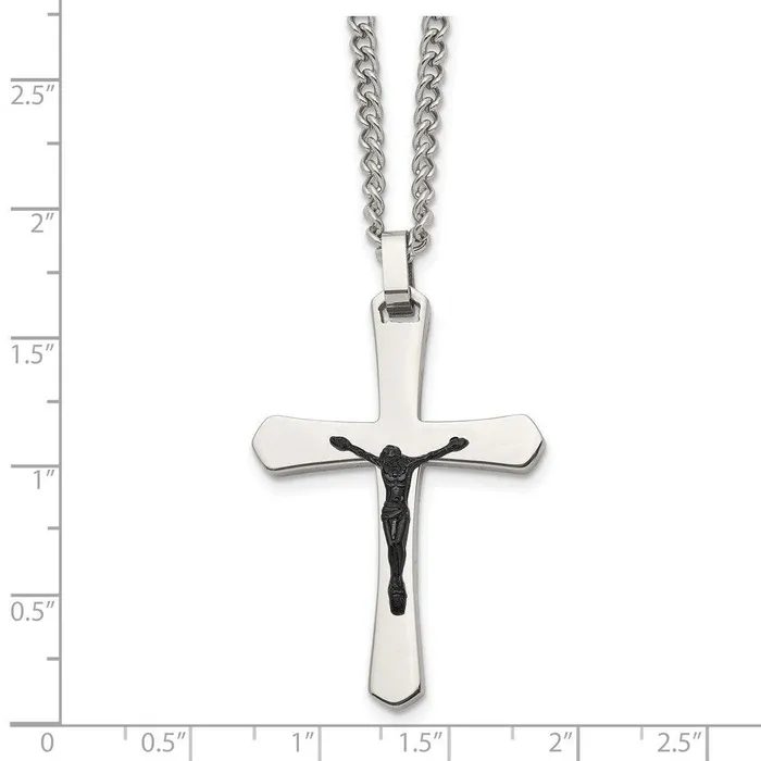 Stainless Steel Polished Cross wBlack IP Jesus Necklace Chisel Necklaces Stainless Steel Polished Cross wBlack IP Jesus Necklace Chisel Necklaces
