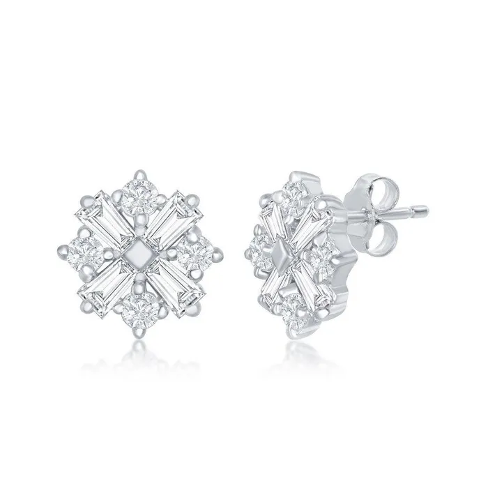 Sterling Silver Baguette and Round CZ Stud Earrings Classic Earrings