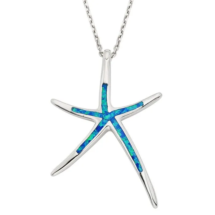 Sterling Silver Blue Inlay Opal Starfish Pendant Classic Necklaces