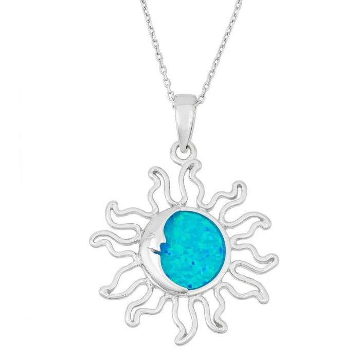 Sterling Silver Blue Inlay Opal Sun Pendant Classic Necklaces