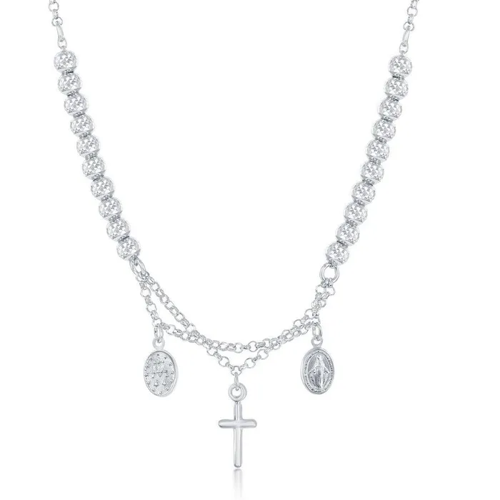 Sterling Silver Diamond Cut Cross and Medal Necklace Classic Necklaces