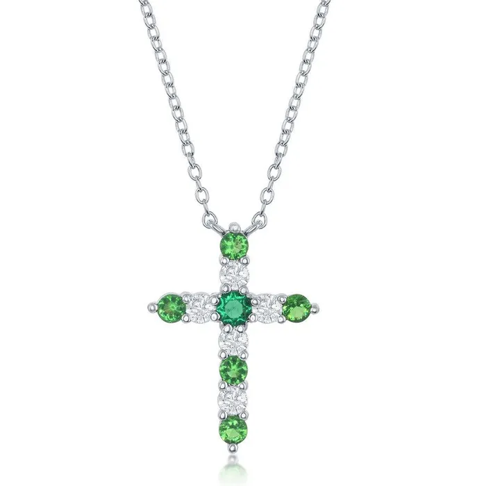Sterling Silver Emerald CZ May Birthstone Cross Necklace Classic Necklaces Sterling Silver Emerald CZ May Birthstone Cross Necklace Classic Necklaces