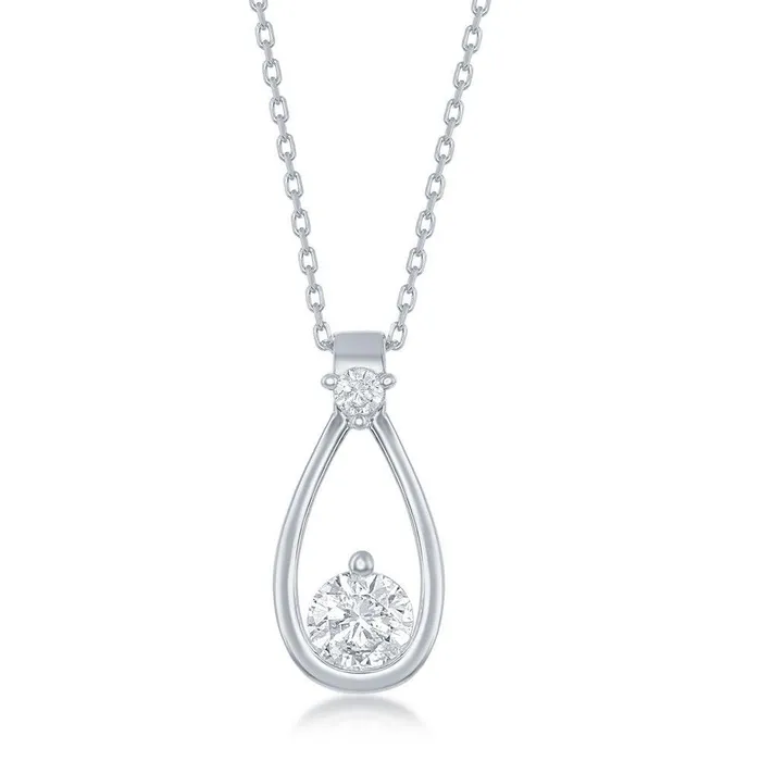 Sterling Silver Open Pearshaped Round CZ Pendant Classic Rings