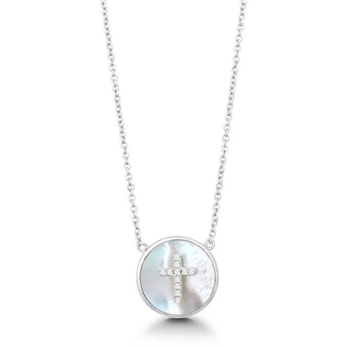 Sterling Silver Round MOP Center CZ Cross Necklace Classic Necklaces