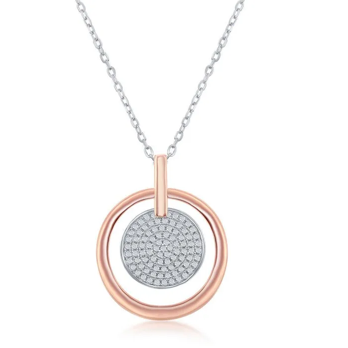 Sterling Silver TT Micro Pave Disc Rose GP Circle Necklace Classic Necklaces Sterling Silver TT Micro Pave Disc Rose GP Circle Necklace Classic Necklaces