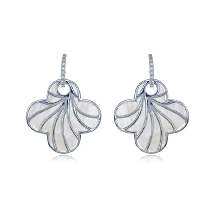 Sterling Silver White MOP Clover with CZ Earrings Classic Earrings