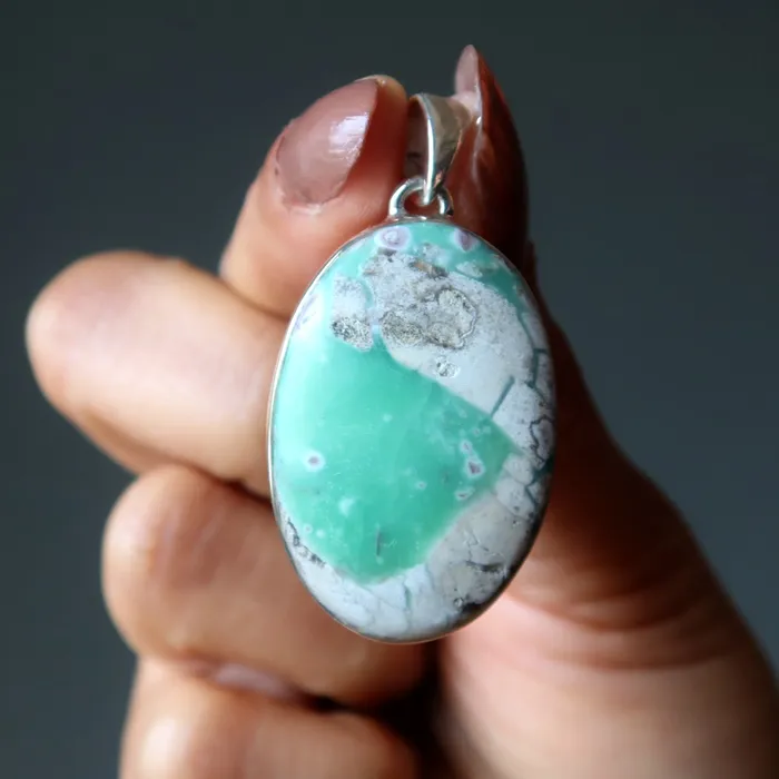 Variscite Pendant Love Insight Green Gem Sterling Silver Satin Crystals Necklaces