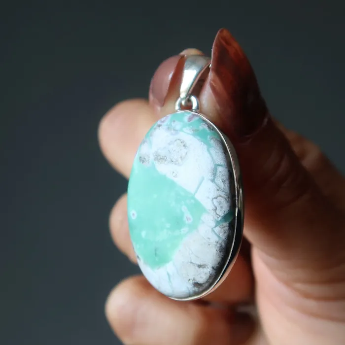 Variscite Pendant Love Insight Green Gem Sterling Silver Satin Crystals Necklaces