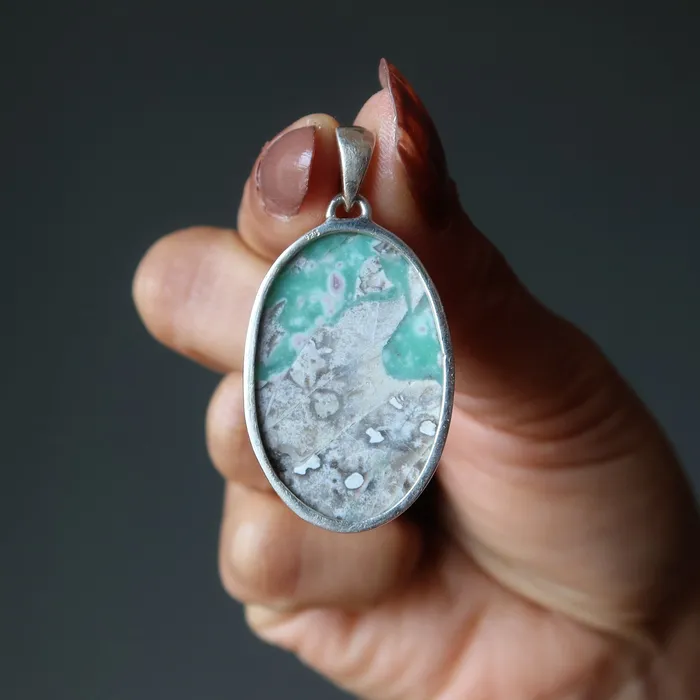 Variscite Pendant Love Insight Green Gem Sterling Silver Satin Crystals Necklaces