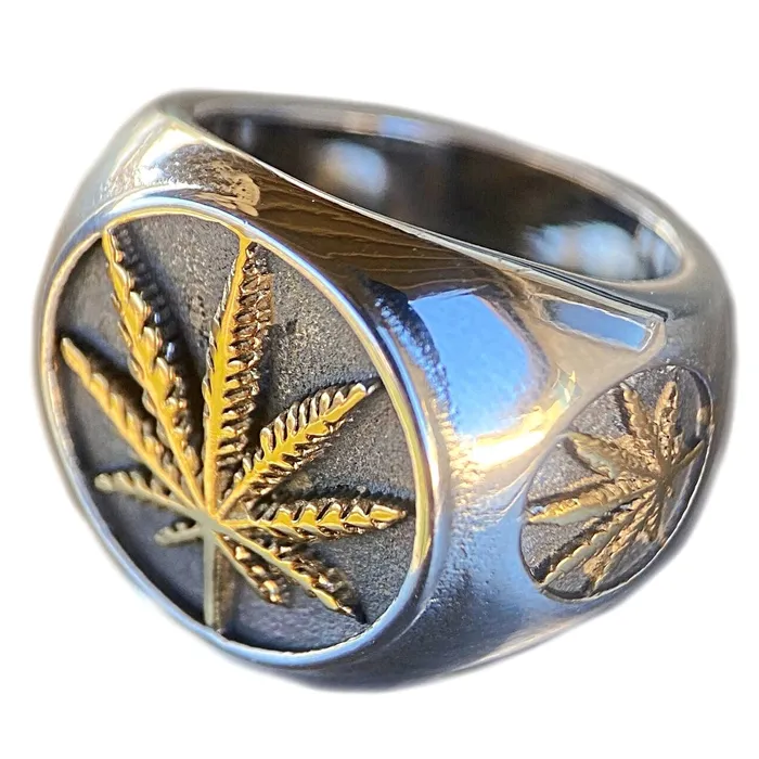 Vivi Marijuana Gold Finish Weed Leaf Stainless Steel Two Tone Ring Rings