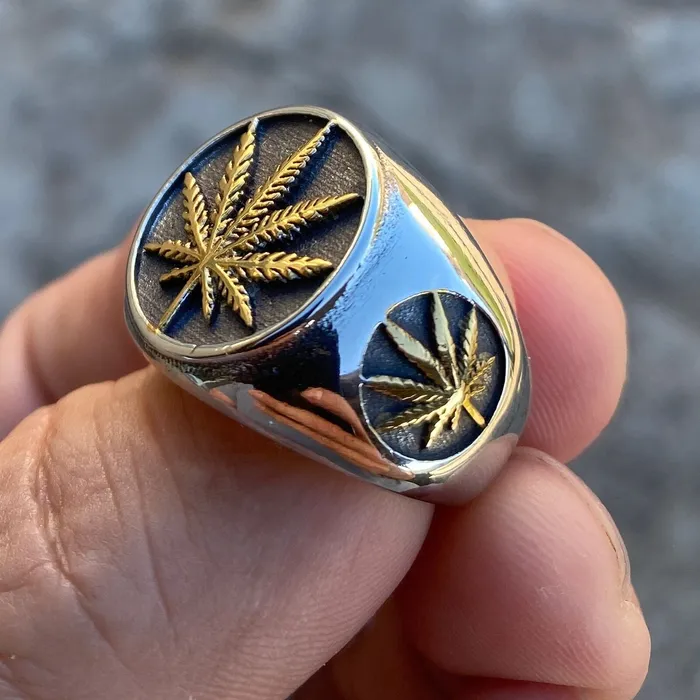 Vivi Marijuana Gold Finish Weed Leaf Stainless Steel Two Tone Ring Rings Vivi Marijuana Gold Finish Weed Leaf Stainless Steel Two Tone Ring Rings