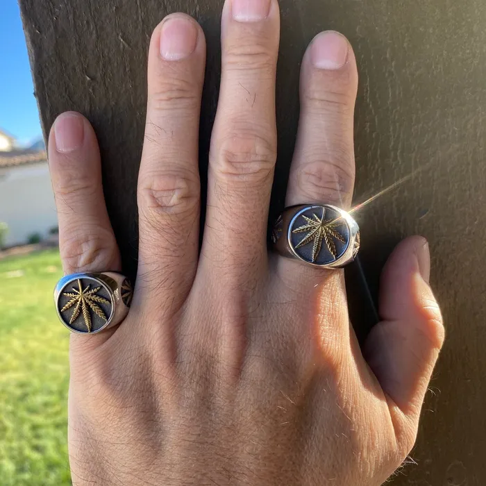Vivi Marijuana Gold Finish Weed Leaf Stainless Steel Two Tone Ring Rings Vivi Marijuana Gold Finish Weed Leaf Stainless Steel Two Tone Ring Rings