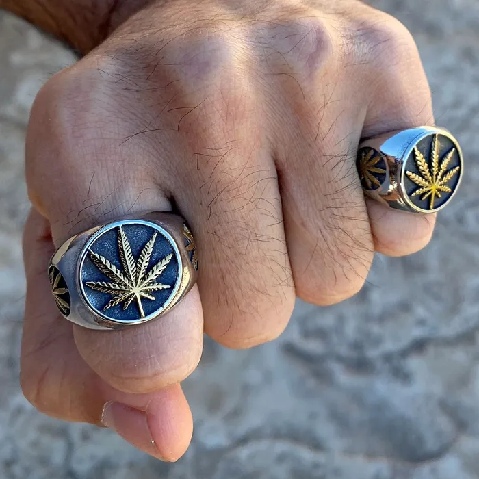 Vivi Marijuana Gold Finish Weed Leaf Stainless Steel Two Tone Ring Rings Vivi Marijuana Gold Finish Weed Leaf Stainless Steel Two Tone Ring Rings