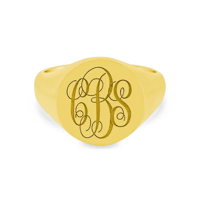 Womens Round Signet Ring Extra Large Laser Engraved Script Monogram deBebians Rings Womens Round Signet Ring Extra Large Laser Engraved Script Monogram deBebians Rings