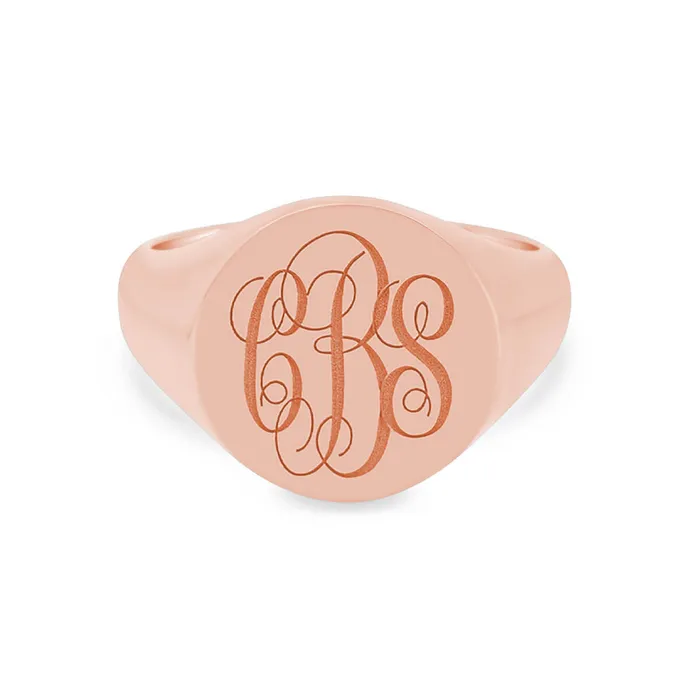 Womens Round Signet Ring Extra Large Laser Engraved Script Monogram deBebians Rings