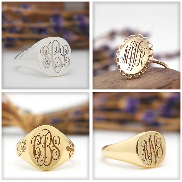 Womens Round Signet Ring Extra Large Laser Engraved Script Monogram deBebians Rings