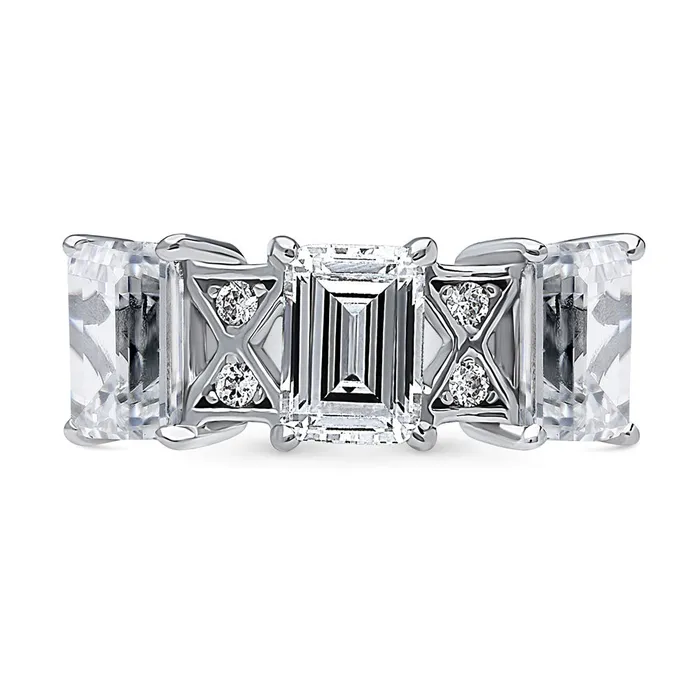 3Stone Art Deco Emerald Cut CZ Ring in Sterling Silver 3ct BERRICLE Rings