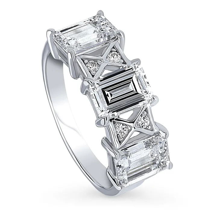 3Stone Art Deco Emerald Cut CZ Ring in Sterling Silver 3ct BERRICLE Rings