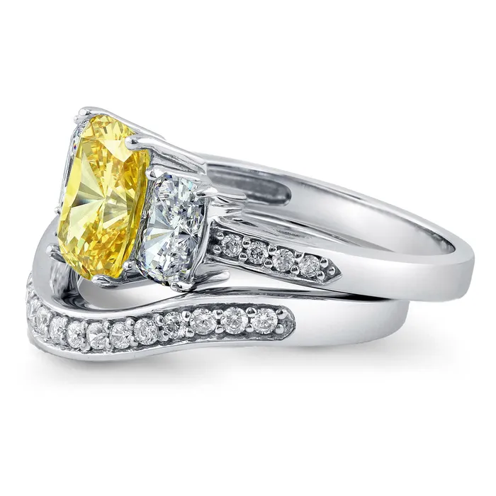 3Stone Canary Yellow Cushion CZ Ring Set in Sterling Silver BERRICLE Rings