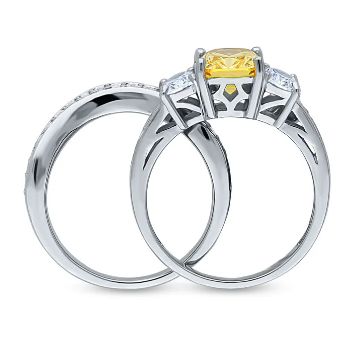 3Stone Canary Yellow Cushion CZ Ring Set in Sterling Silver BERRICLE Rings