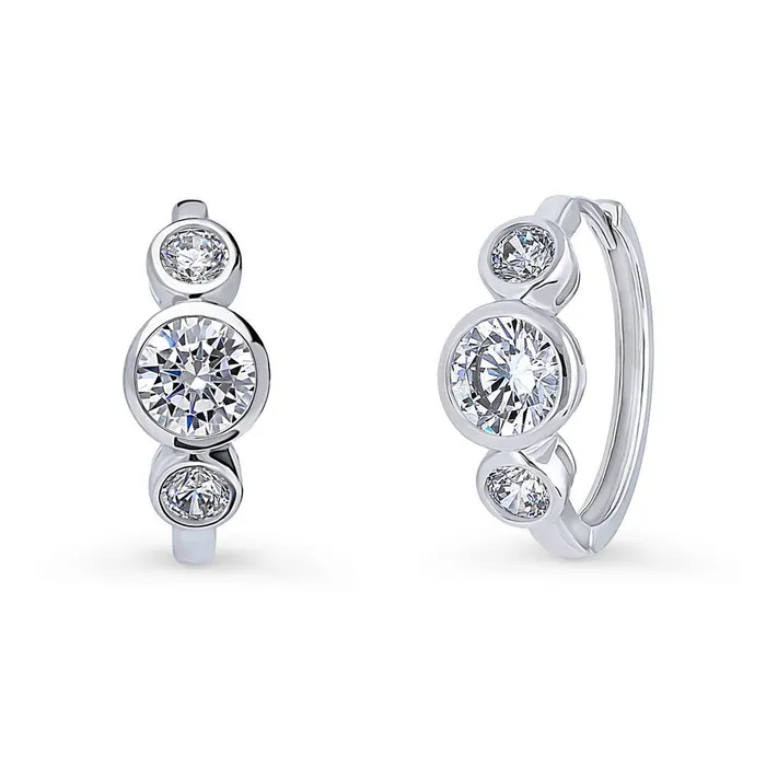 3Stone CZ Medium Hoop Earrings in Sterling Silver 16ct 072 BERRICLE Earrings 3Stone CZ Medium Hoop Earrings in Sterling Silver 16ct 072 BERRICLE Earrings