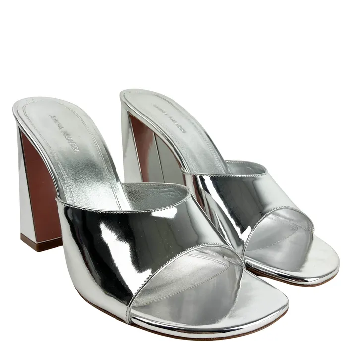 Amina Muaddi Earrings Amina Muaddi Brigitte Slipper Heels in Mirror Silver