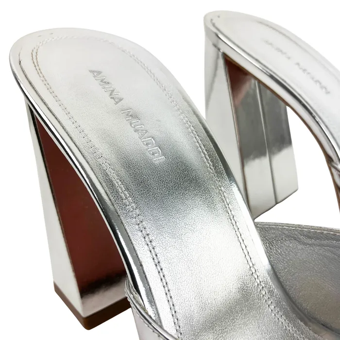 Amina Muaddi Earrings Amina Muaddi Brigitte Slipper Heels in Mirror Silver
