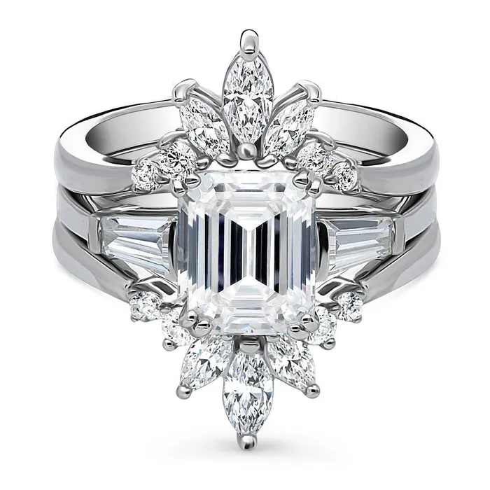 BERRICLE 3Stone Flower 21ct Emerald Cut CZ Ring Set in Sterling Silver Rings BERRICLE 3Stone Flower 21ct Emerald Cut CZ Ring Set in Sterling Silver Rings